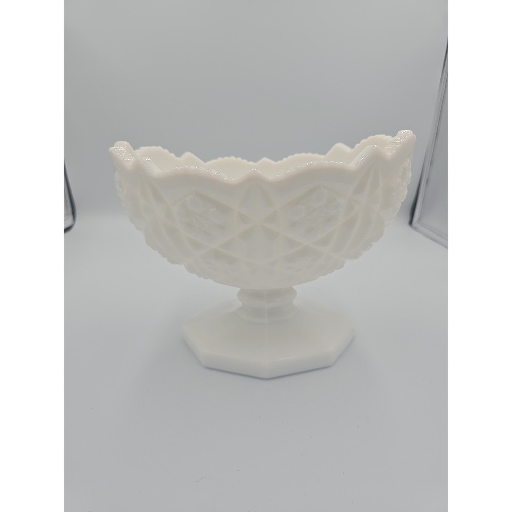 Vintage Kemple Toltec Pattern Milk Glass Oval Pedestal Scalloped Edge Bowl Candy
